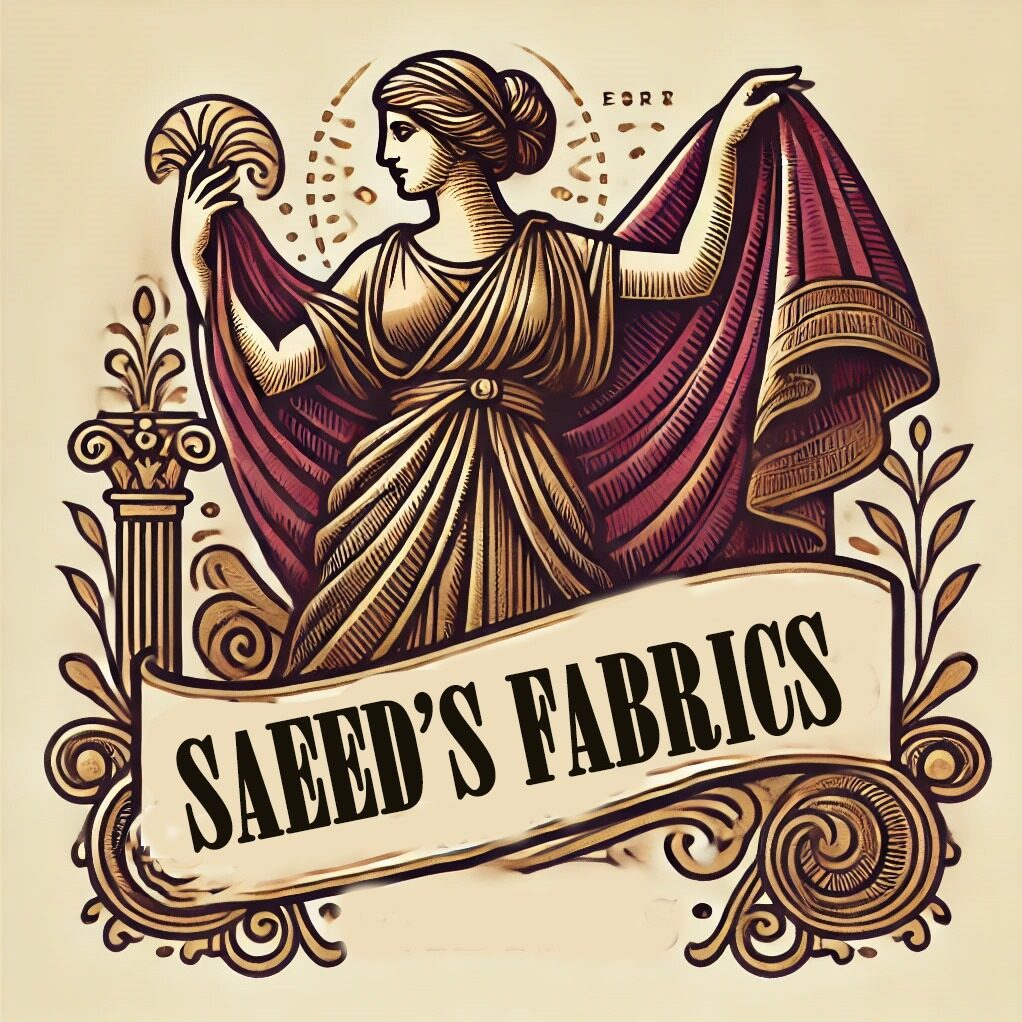 Illustration of a classical woman draped in fabric, holding a fan, with a banner reading Saeeds Fabrics below her. Decorative elements surround the figure, adding an elegant, vintage feel.